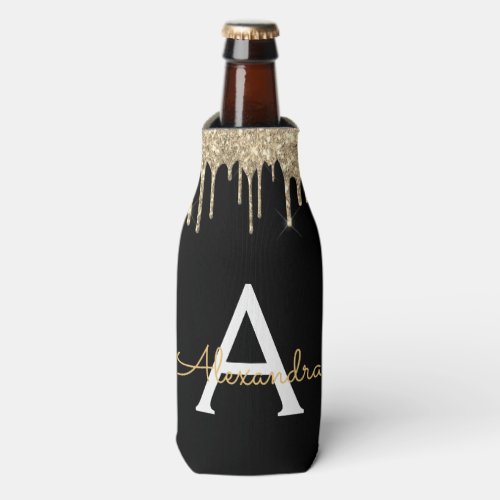 Gold Black Luxury Glitter Glam Monogram Name Bottle Cooler