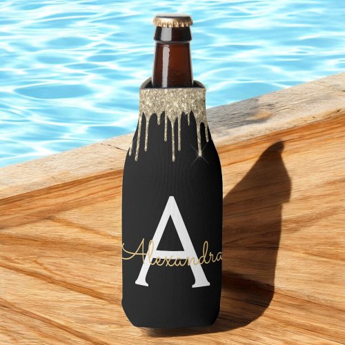 Gold Black Luxury Glitter Glam Monogram Name Bottle Cooler