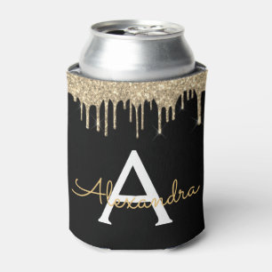 Gold Black Luxury Glitter Glam Monogram Name Can Cooler