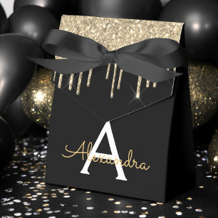 Gold Black Luxury Glitter Glam Monogram Name Favor Boxes