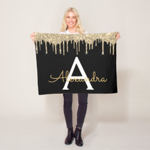 Gold Black Luxury Glitter Glam Monogram Name Fleece Blanket
