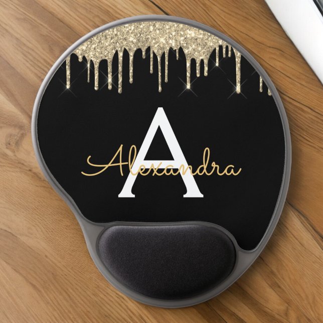Gold Black Luxury Glitter Glam Monogram Name Gel Mouse Pad (Creator Uploaded)