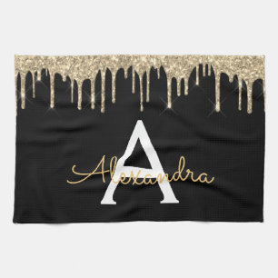 Gold Black Luxury Glitter Glam Monogram Name Kitchen Towel
