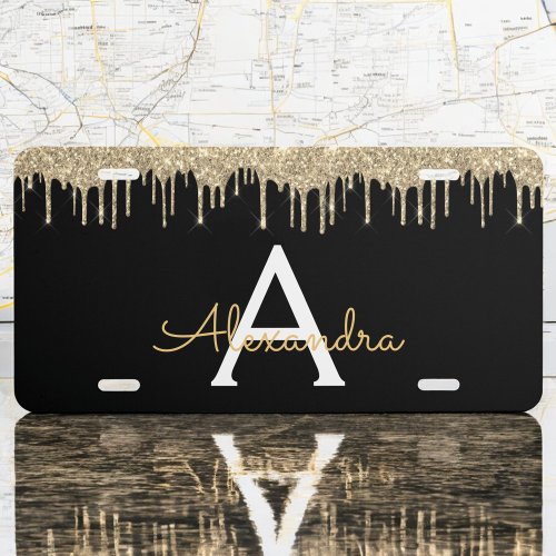 Gold Black Luxury Glitter Glam Monogram Name License Plate