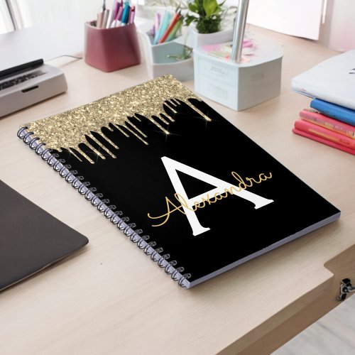 Gold Black Luxury Glitter Glam Monogram Name Notebook
