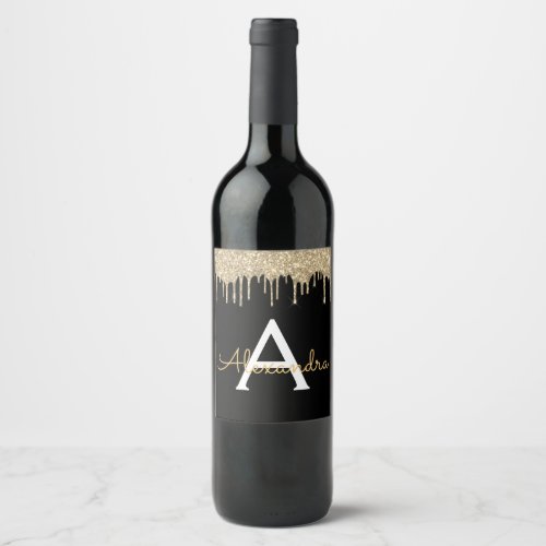 Gold Black Luxury Glitter Glam Monogram Name Wine Label