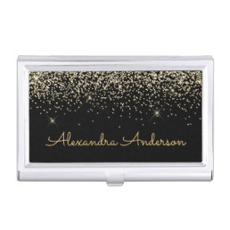 Gold Black Luxury Glitter Sparkle Monogram Business Card Case