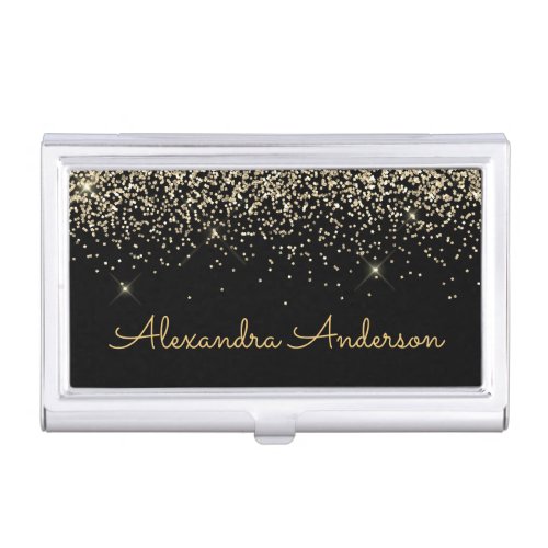 Gold Black Luxury Glitter Sparkle Monogram Business Card Case