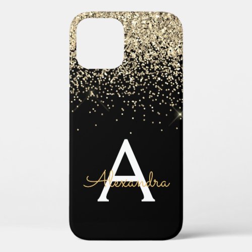 Gold Black Luxury Glitter Sparkle Monogram iPhone 12 Case