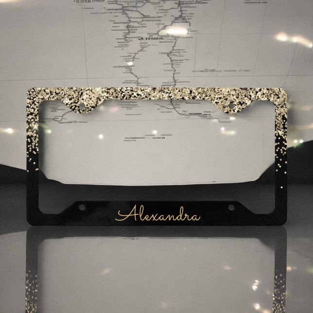 Gold Black Luxury Glitter Sparkle Monogram License Plate Frame (Creator Uploaded)