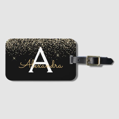 Gold Black Luxury Glitter Sparkle Monogram Luggage Tag