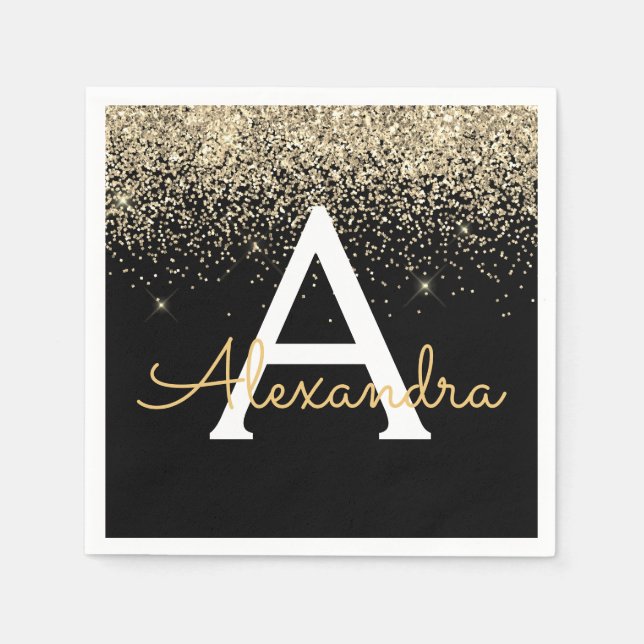 Gold Black Luxury Glitter Sparkle Monogram Napkins (Front)
