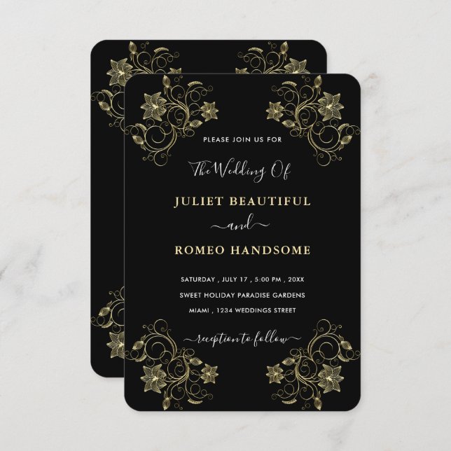 Gold Black Luxury Wedding Invitation with Flowers (Front/Back)