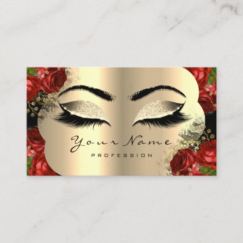 Gold Black Makeup Artist Lash Floral Red Roses Business Card