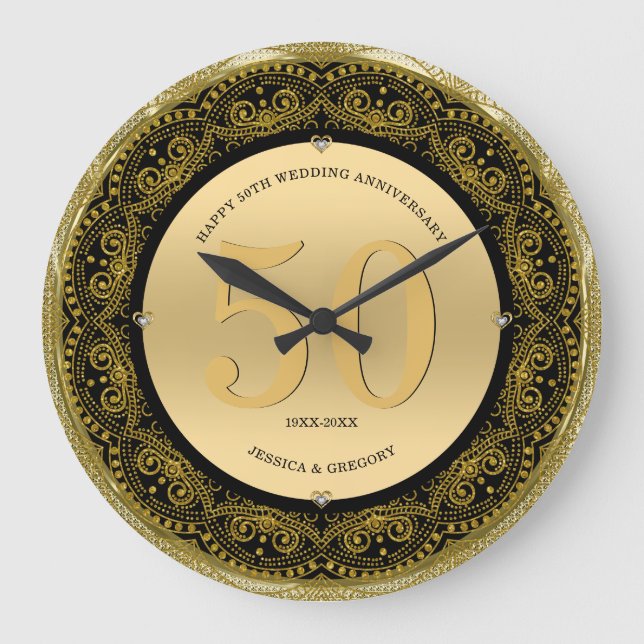 Gold & Black mandala 50 Wedding Anniversary Large Clock (Front)