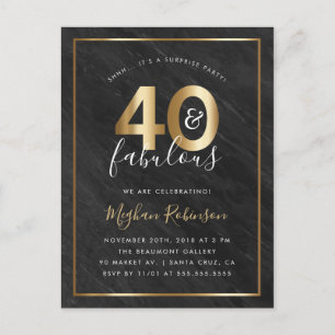 Gold & Black Marble 40 & Fabulous Surprise Party Invitation Postcard