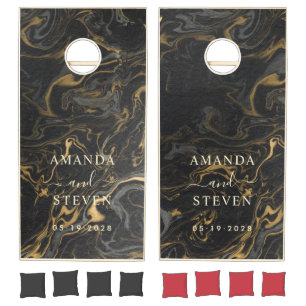 Gold Black Marble Couple Names with Wedding Date Cornhole Set