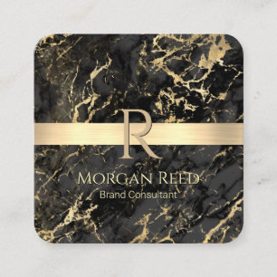 Gold & Black Marble, Gold Bar, Name Monogram Info Square Business Card