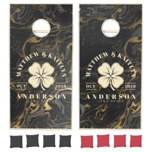 Gold Black Marble Irish Lucky Clover Wedding Crest Cornhole Set