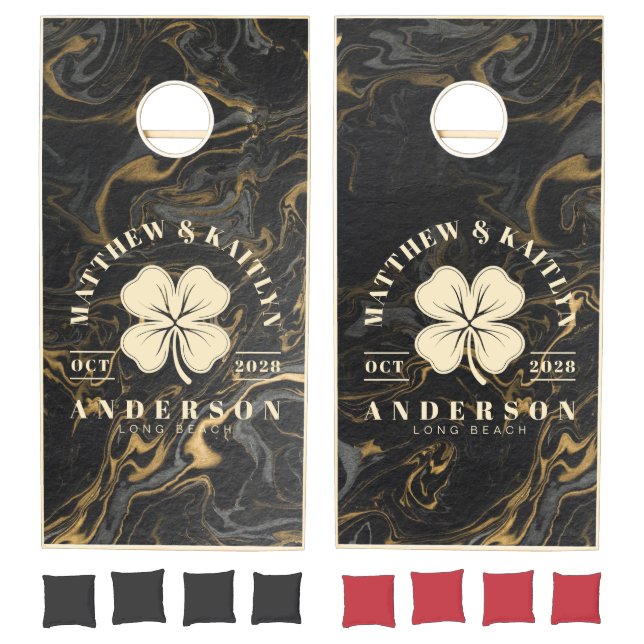 Gold Black Marble Irish Lucky Clover Wedding Crest Cornhole Set (Set)