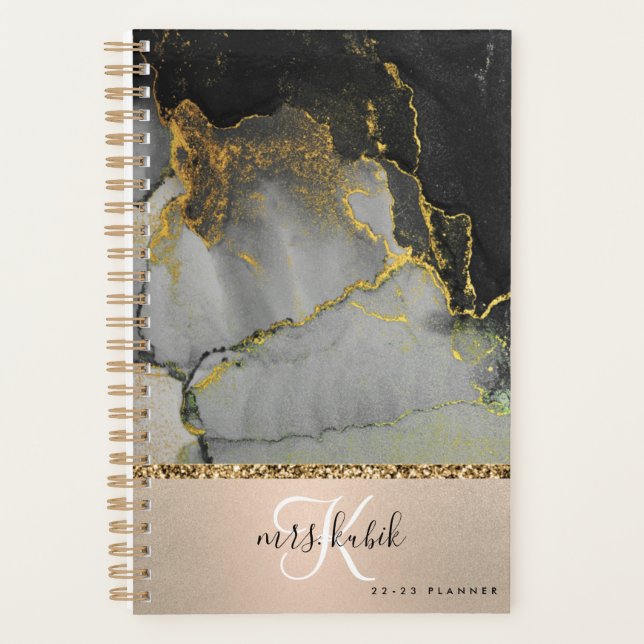 Gold & Black Marble Monogram Teacher Planner (Front)
