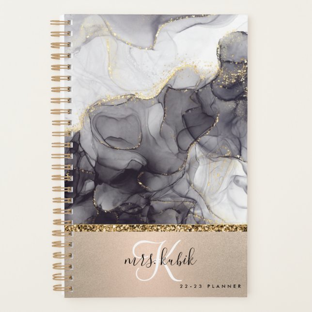 Gold & Black Marble Monogram Teacher Planner (Front)