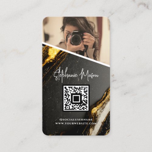 Gold Black Marble Photo QR Code Modern Photography Business Card