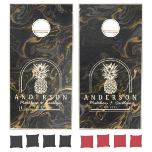 Gold Black Marble Pineapple Wedding Arch & Name Cornhole Set