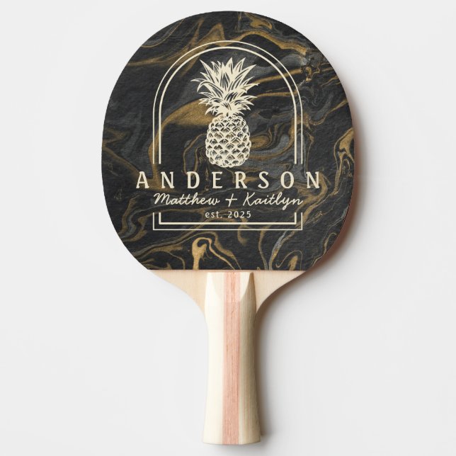 Gold Black Marble Pineapple Wedding Arch & Name Ping Pong Paddle (Front)