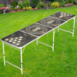 Gold Black Marble Pineapple Wedding Crest & Names Beer Pong Table