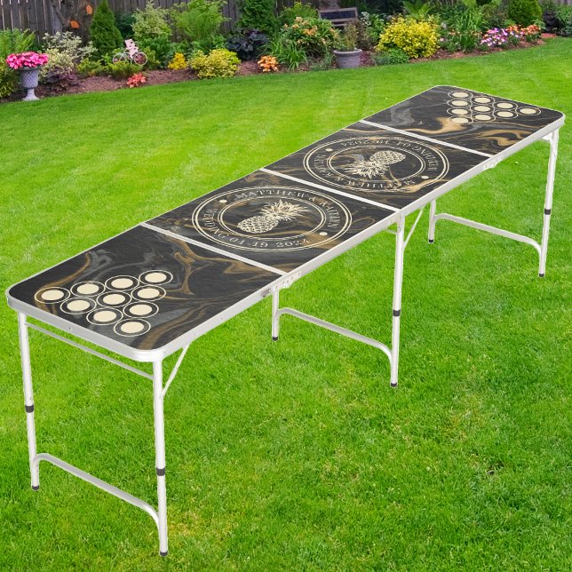 Gold Black Marble Pineapple Wedding Crest & Names Beer Pong Table (Creator Uploaded)