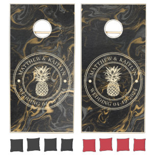 Gold Black Marble Pineapple Wedding Crest & Names Cornhole Set