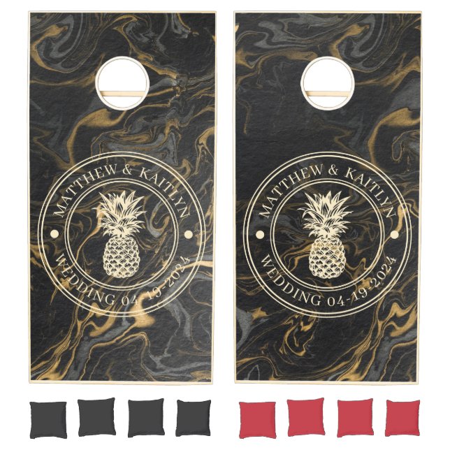 Gold Black Marble Pineapple Wedding Crest & Names Cornhole Set (Set)