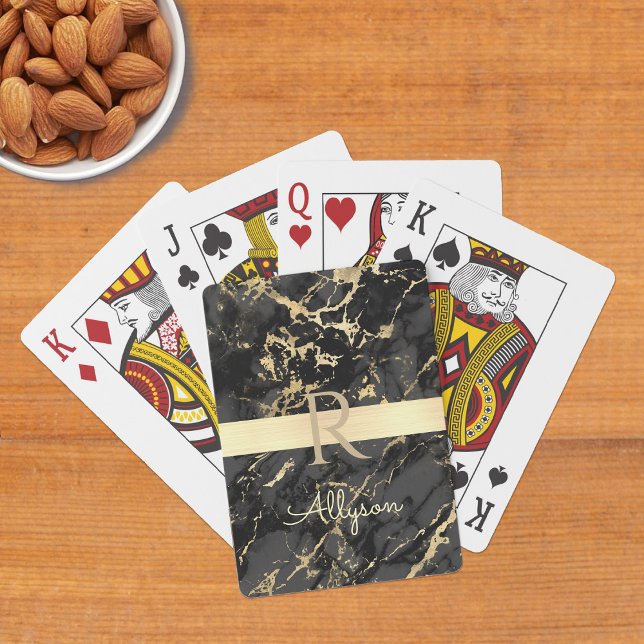 Gold & Black Marble, Script Name & Monogram Poker Cards (Creator Uploaded)