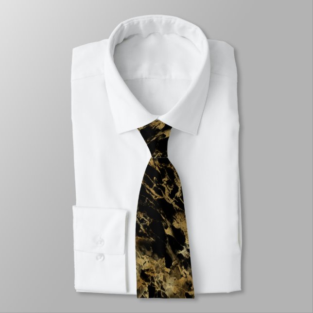 Gold Black Marble Swirl Abstract Pattern Men's  Neck Tie (Tied)