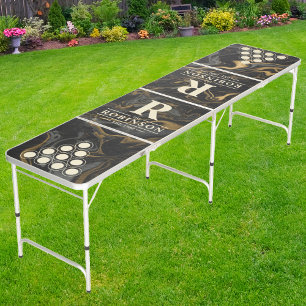 Gold Black Marble Swirl Family Name & Initial Beer Pong Table
