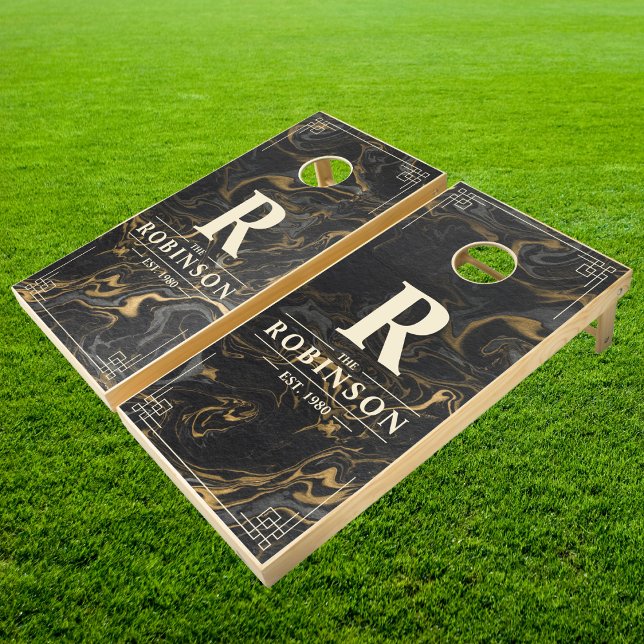 Gold Black Marble Swirl Family Name & Initial Cornhole Set (Creator Uploaded)