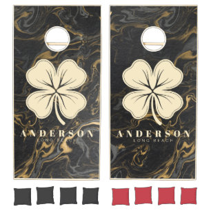 Gold Black Marble Swirl Four Leaf Clover with Name Cornhole Set