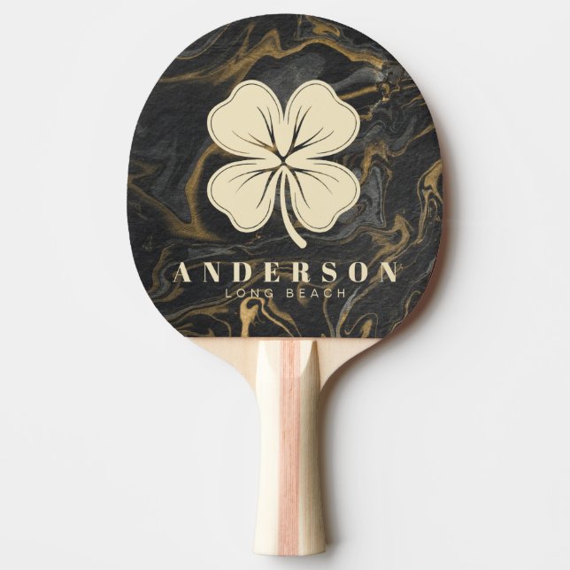 Gold Black Marble Swirl Four Leaf Clover with Name Ping Pong Paddle (Front)