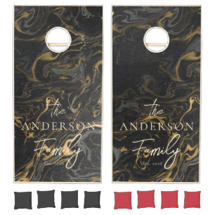 Gold Black Marble Swirl Hand Written Family Name Cornhole Set