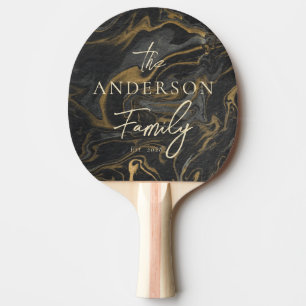 Gold Black Marble Swirl Hand Written Family Name Ping Pong Paddle