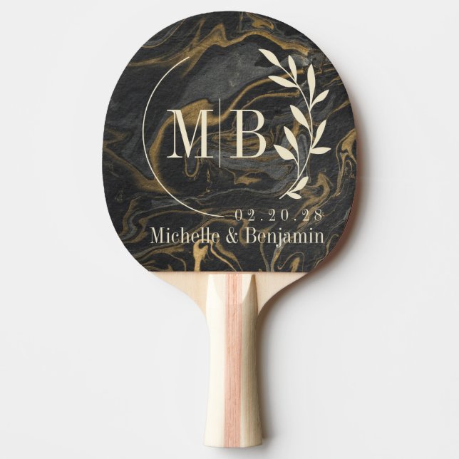 Gold Black Marble Swirl Leaf Wedding Monogram Ping Pong Paddle (Front)