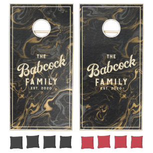Gold Black Marble Swirl Retro Family Name & Year Cornhole Set