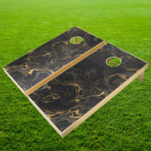 Gold Black Marble Swirl Stone  Cornhole Set
