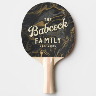 Gold Black Marble Swirl Stone Retro Family Name Ping Pong Paddle