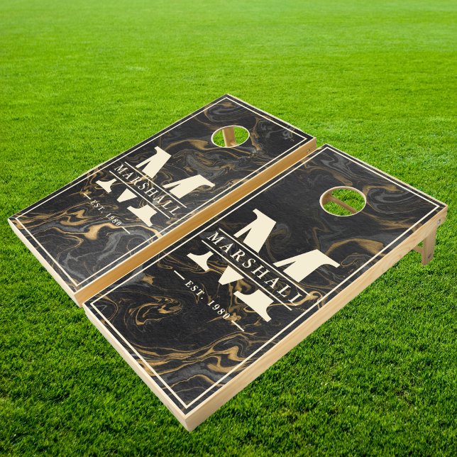 Gold Black Marble Swirl Stone with Name & Initial Cornhole Set (Creator Uploaded)