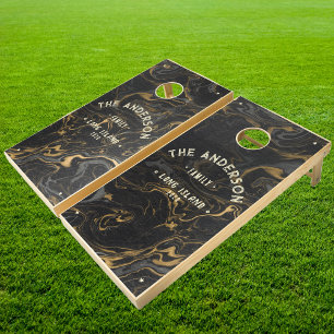 Gold Black Marble Swirl Vintage Seaside Family Nam Cornhole Set