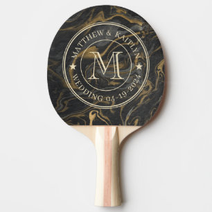 Gold Black Marble Swirl Wedding Monogram Star Ping Pong Paddle