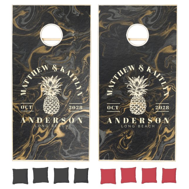Gold Black Marble Tropical Pineapple Wedding Crest Cornhole Set (Set)