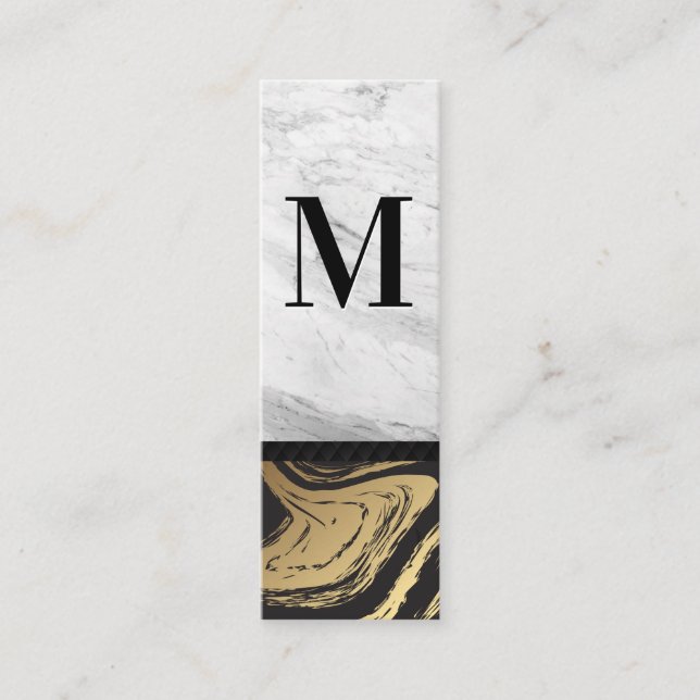 Gold Black Marble | White Marble Engraved Monogram Mini Business Card (Front)
